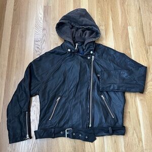 Ralph Lauren Black Leather Utility Jacket with Hood Size L